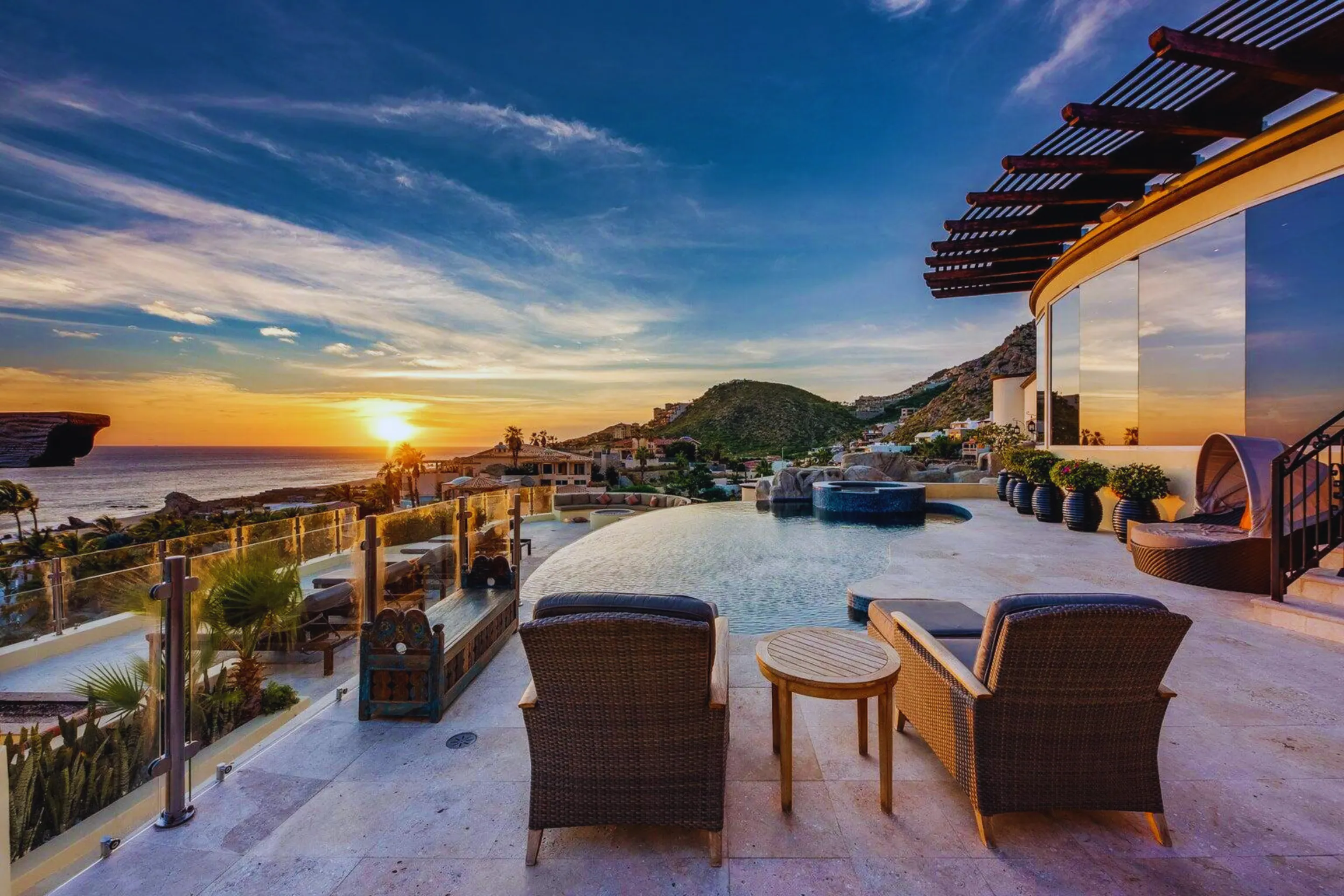 Sunset over the ocean from a villa terrace in Pedregal, Cabo San Lucas